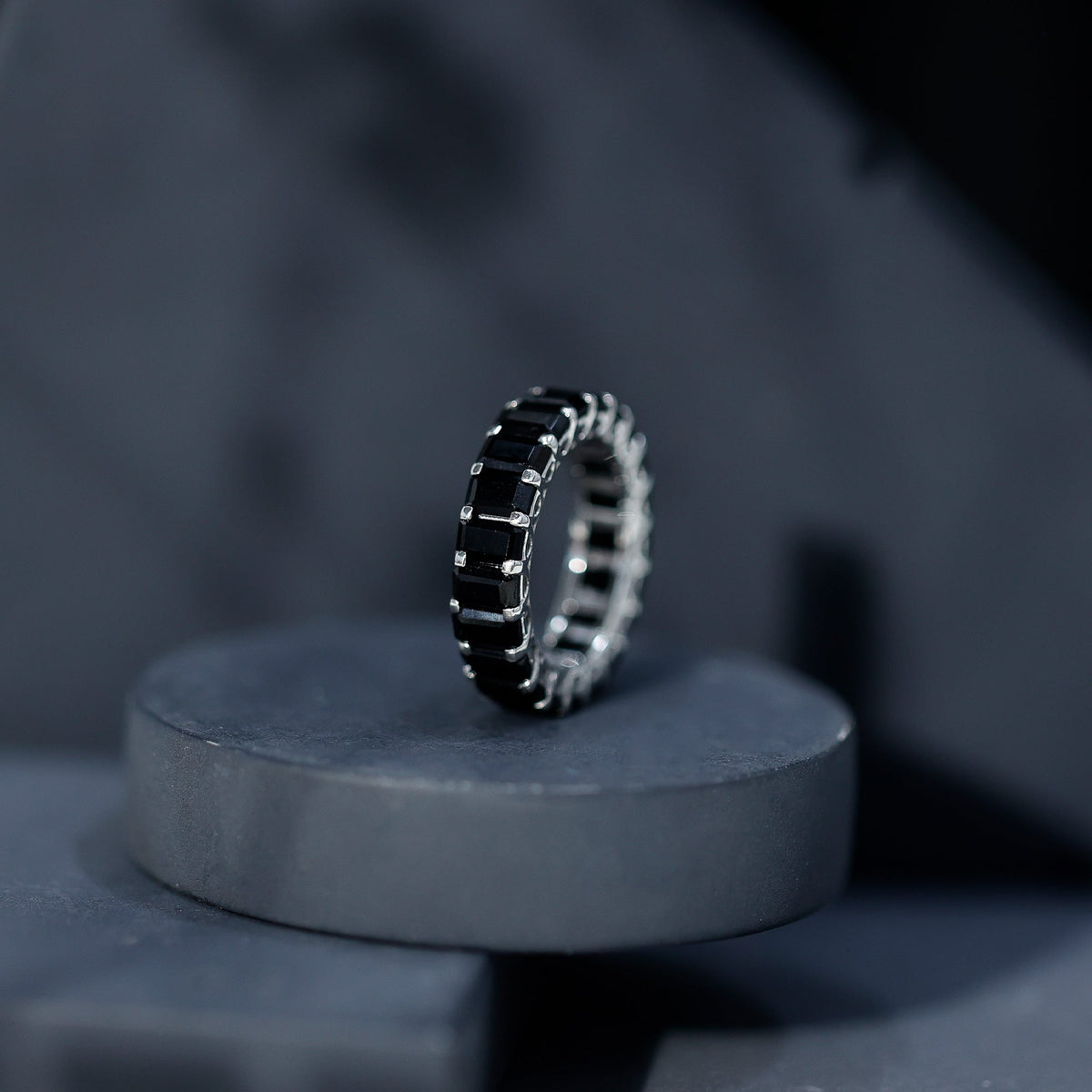 Emerald Cut Black Spinel Eternity Band