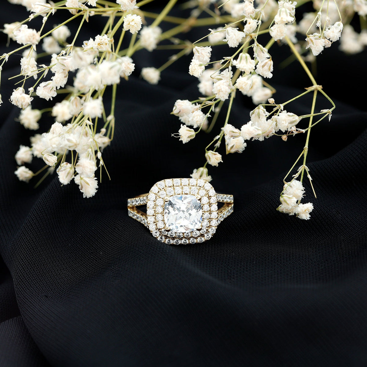 Certified Cushion Cut Moissanite Double Halo Engagement Ring