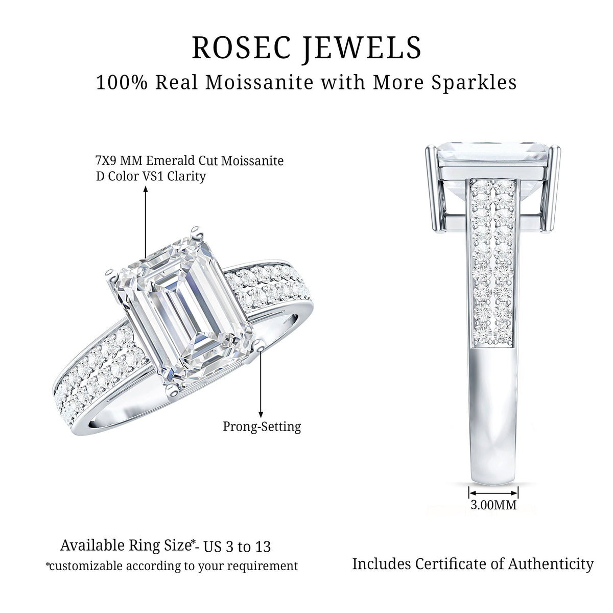 Emerald Cut Moissanite Big Engagement Ring