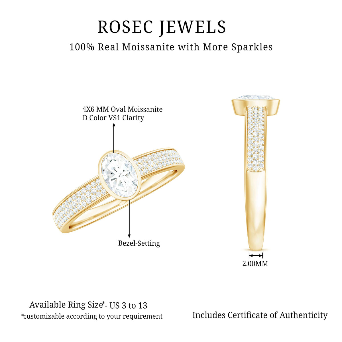 Oval Cut Moissanite Side Stone Engagement Ring in Bezel Setting