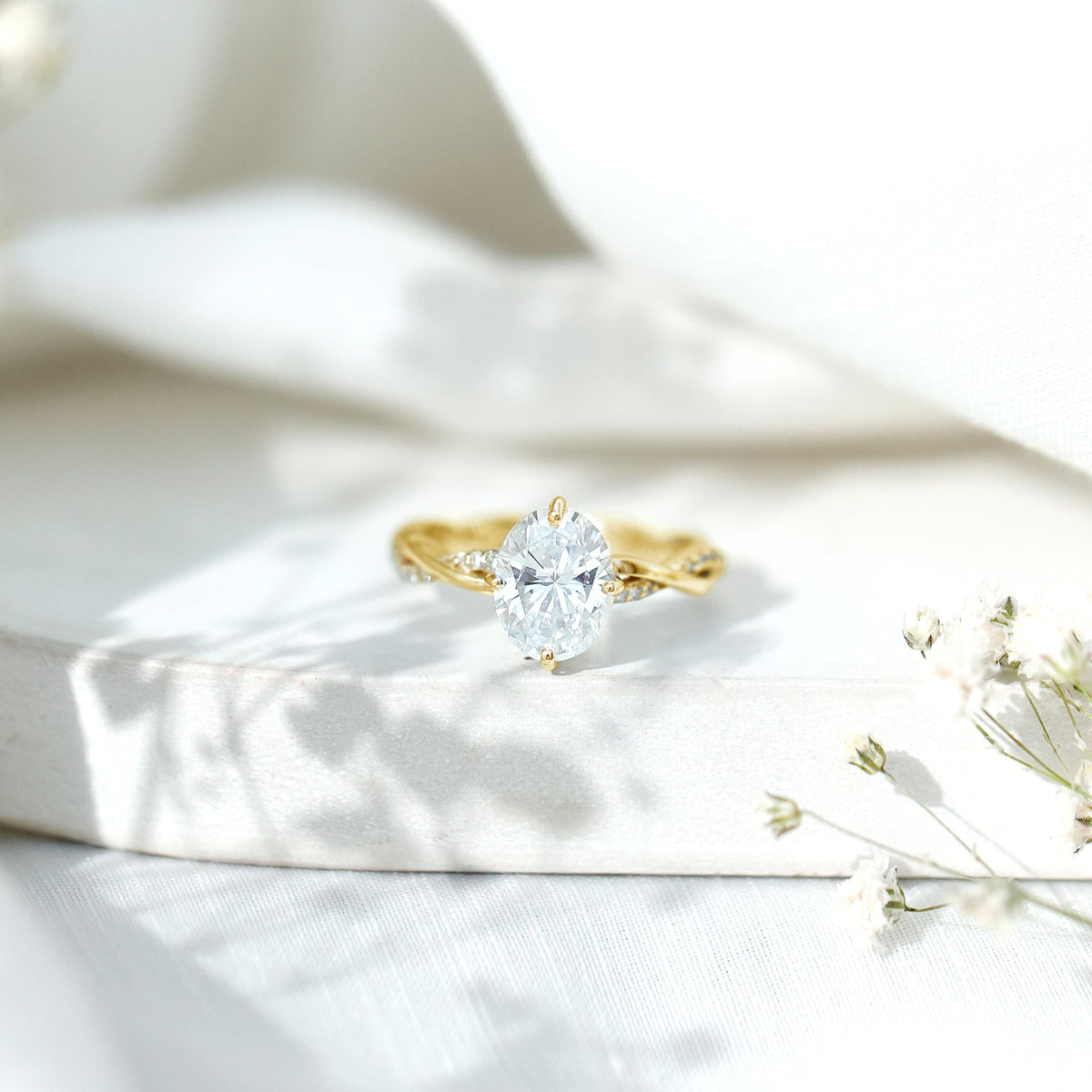 Moissanite Oval Engagement Ring With Diagonal Prong Setting