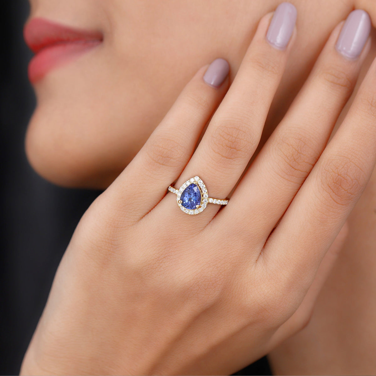 Real Pear Shape Tanzanite Teardrop Engagement Ring with Diamond Halo