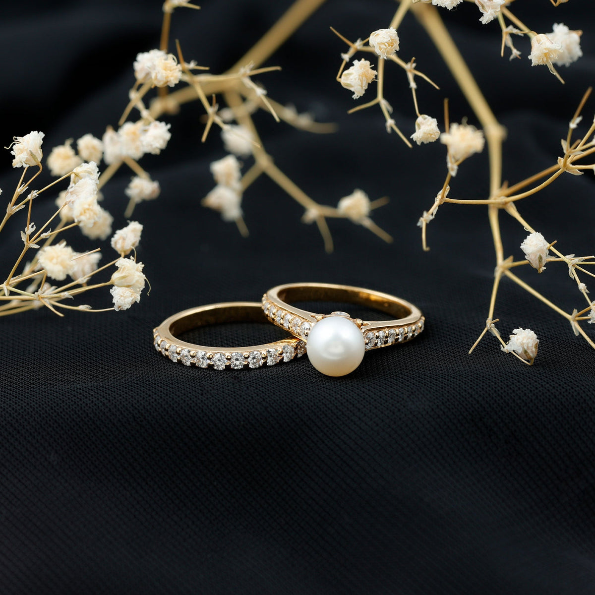 Cultured Freshwater Pearl Wedding Bridal Ring Set with Moissanite