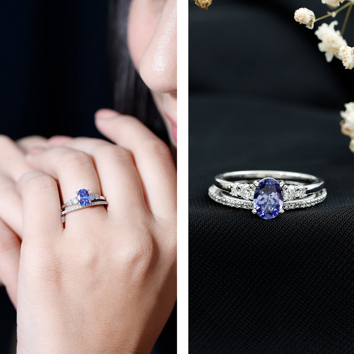 Natural 0.9 Carat Tanzanite and Diamond Oval Engagement Ring with Wedding Band