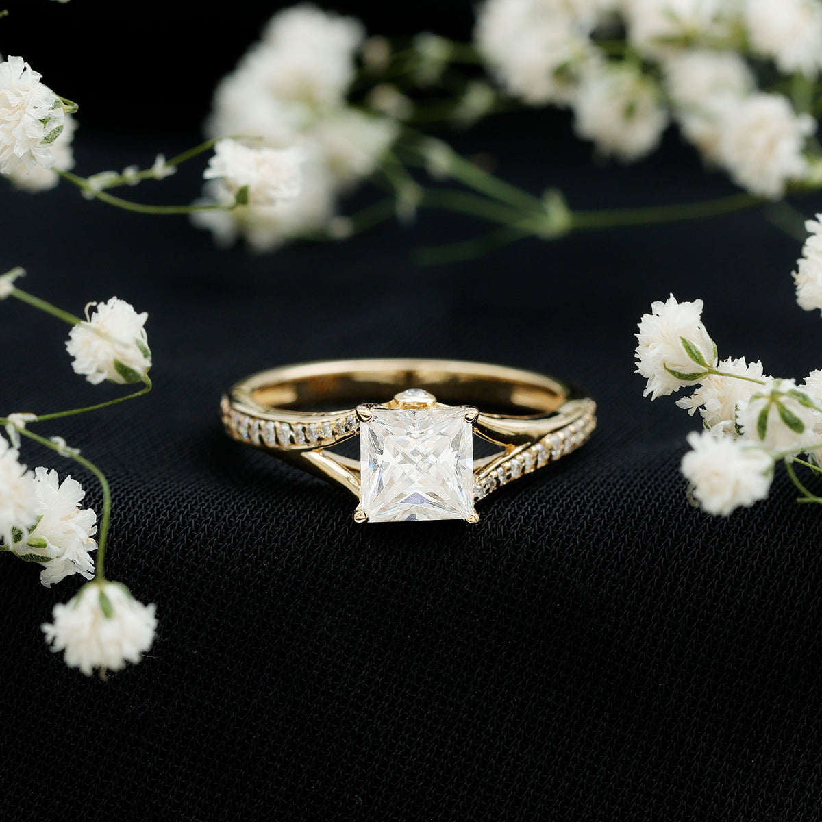 Certified Princess Cut Moissanite Engagement Ring With Split Shank