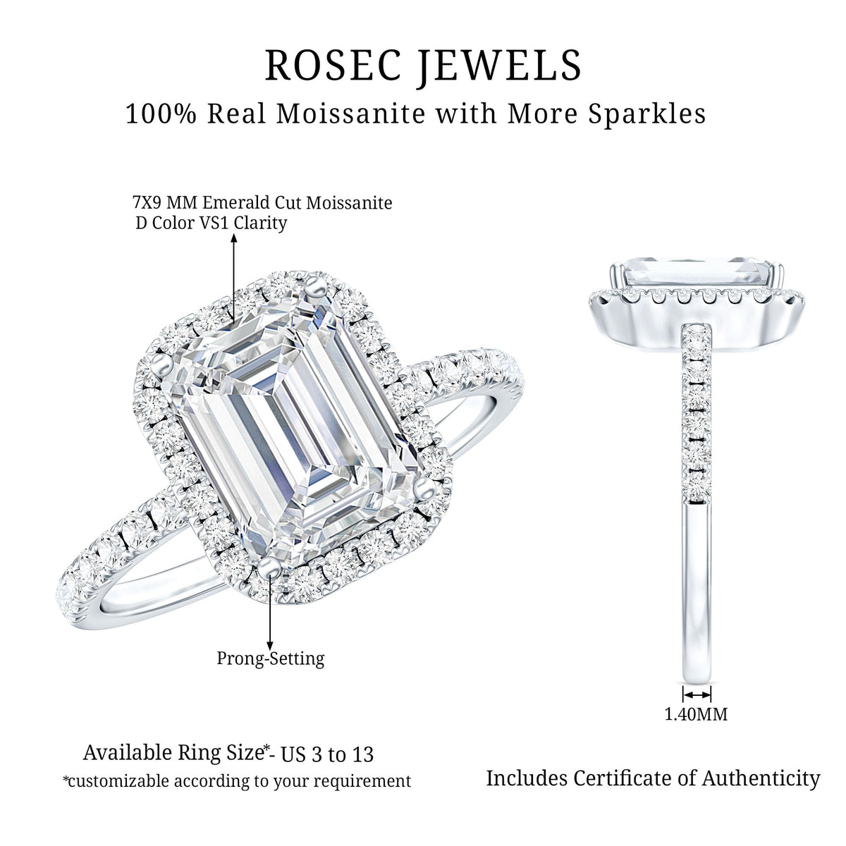 Certified Moissanite Emerald Cut Engagement Ring With Halo