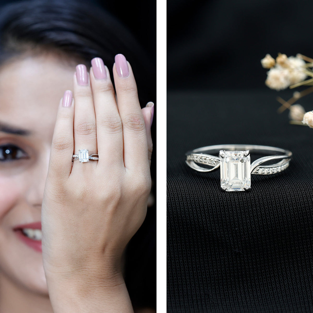 Certified 6X8 MM Emerald Cut Moissanite Infinity Engagement Ring