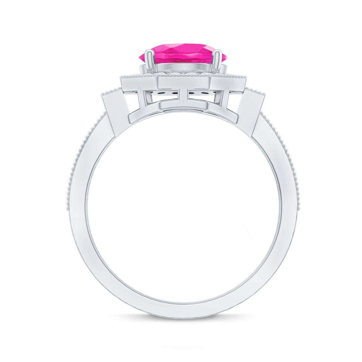 Lab Created Pink Sapphire Vintage Engagement Ring with Diamond Halo
