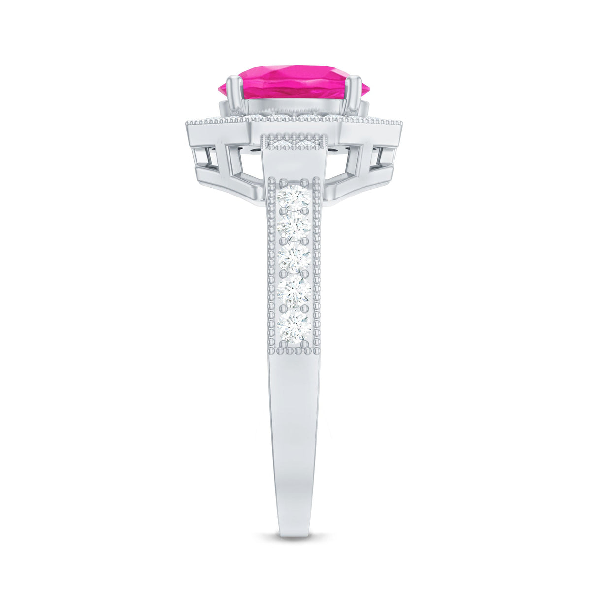 Lab Created Pink Sapphire Vintage Engagement Ring with Diamond Halo