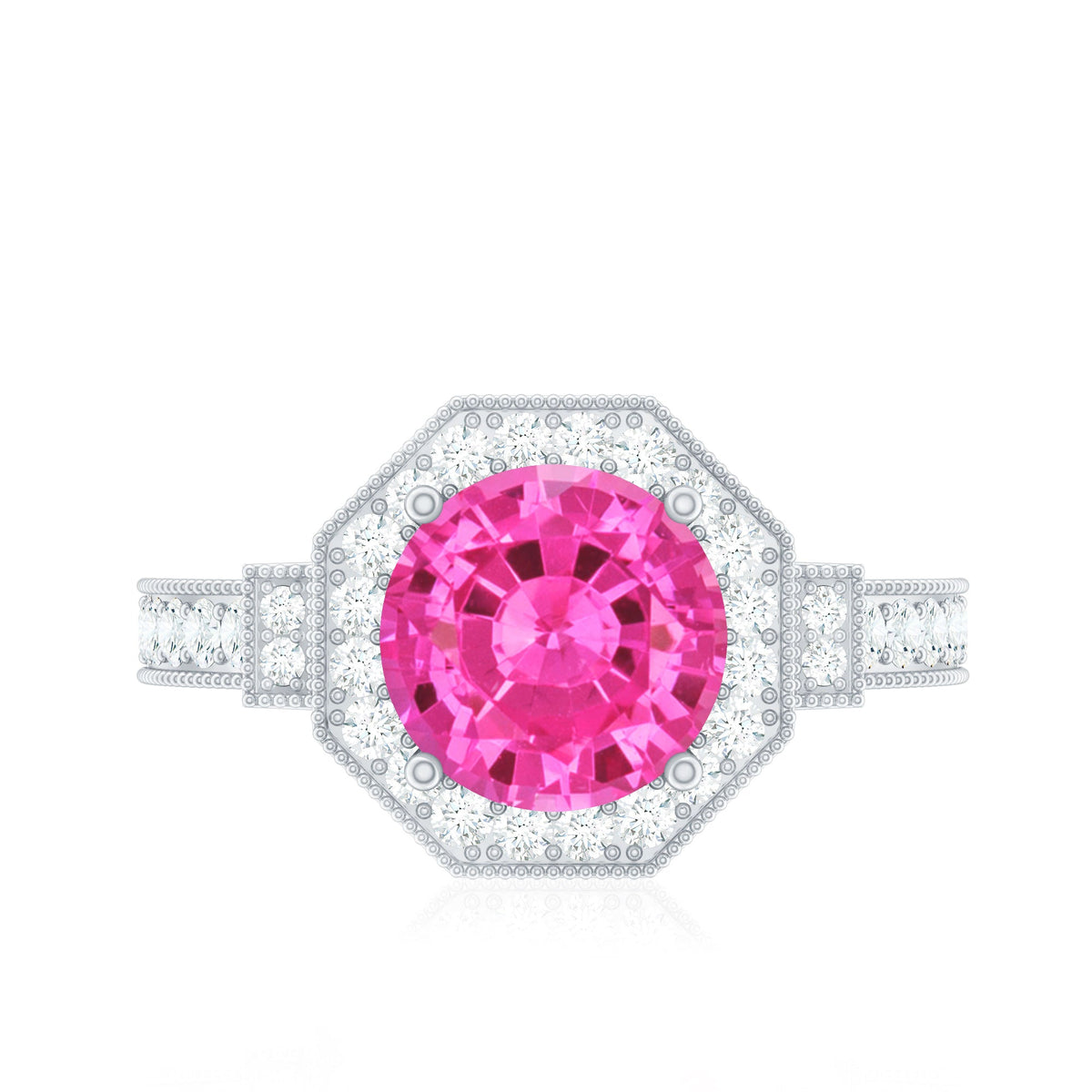 Lab Created Pink Sapphire Vintage Engagement Ring with Diamond Halo