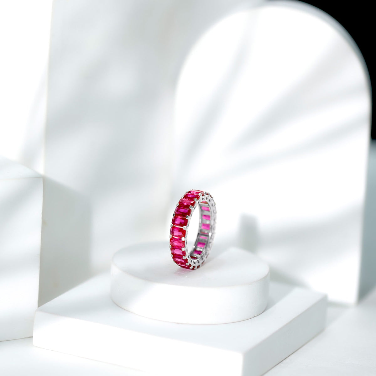 Emerald Cut Lab Grown Ruby Full Eternity Wide Band Ring
