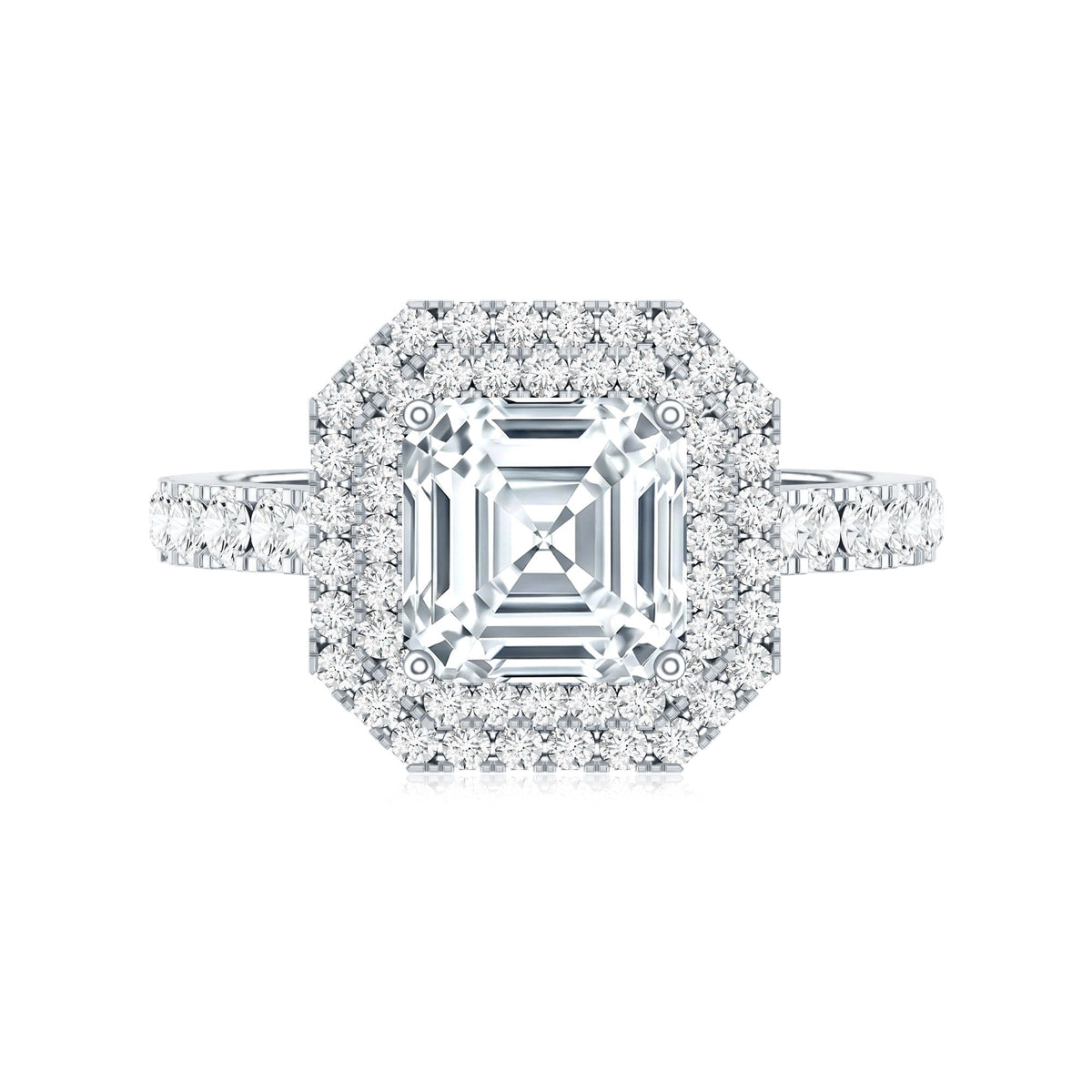 Certified Asscher Cut Moissanite Double Halo Engagement Ring