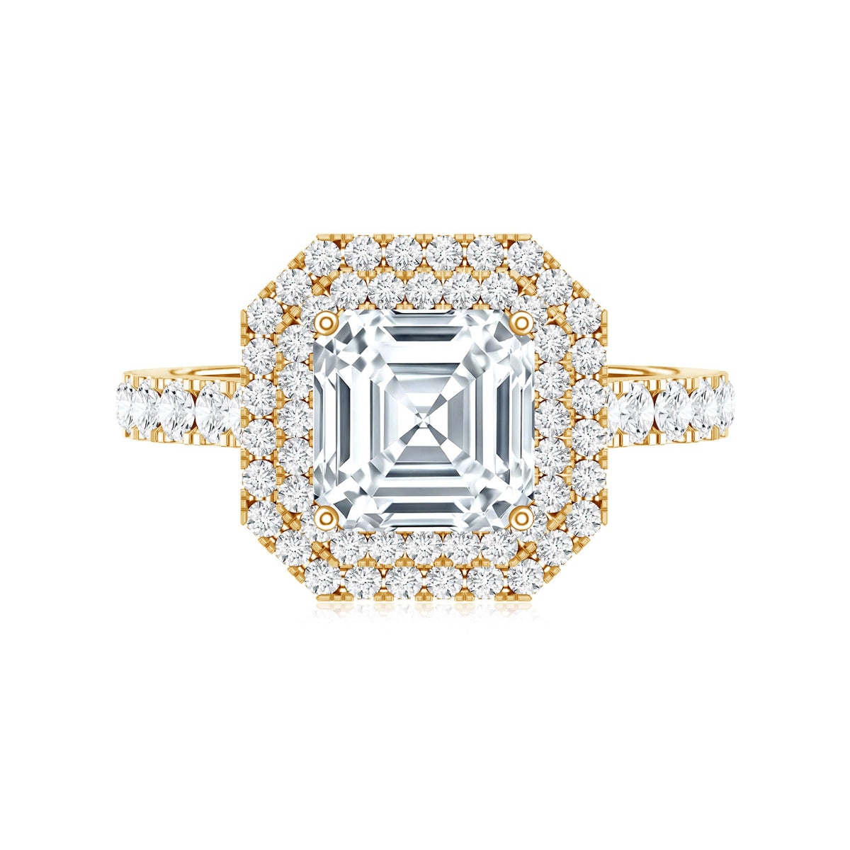 Certified Asscher Cut Moissanite Double Halo Engagement Ring