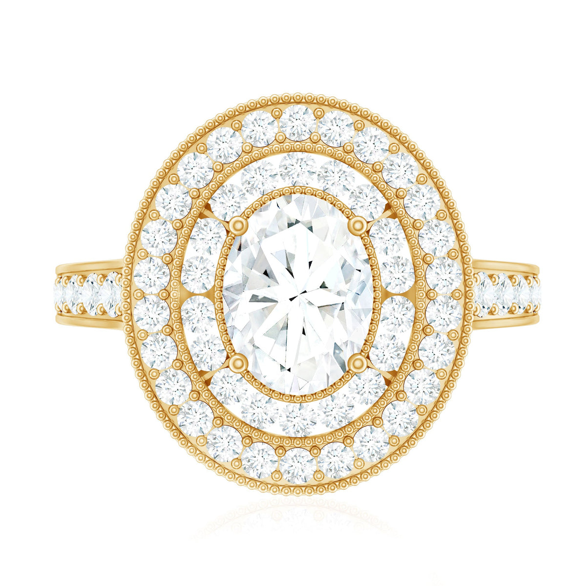 Milgrain Embellished Oval Moissanite Double Halo Engagement Ring