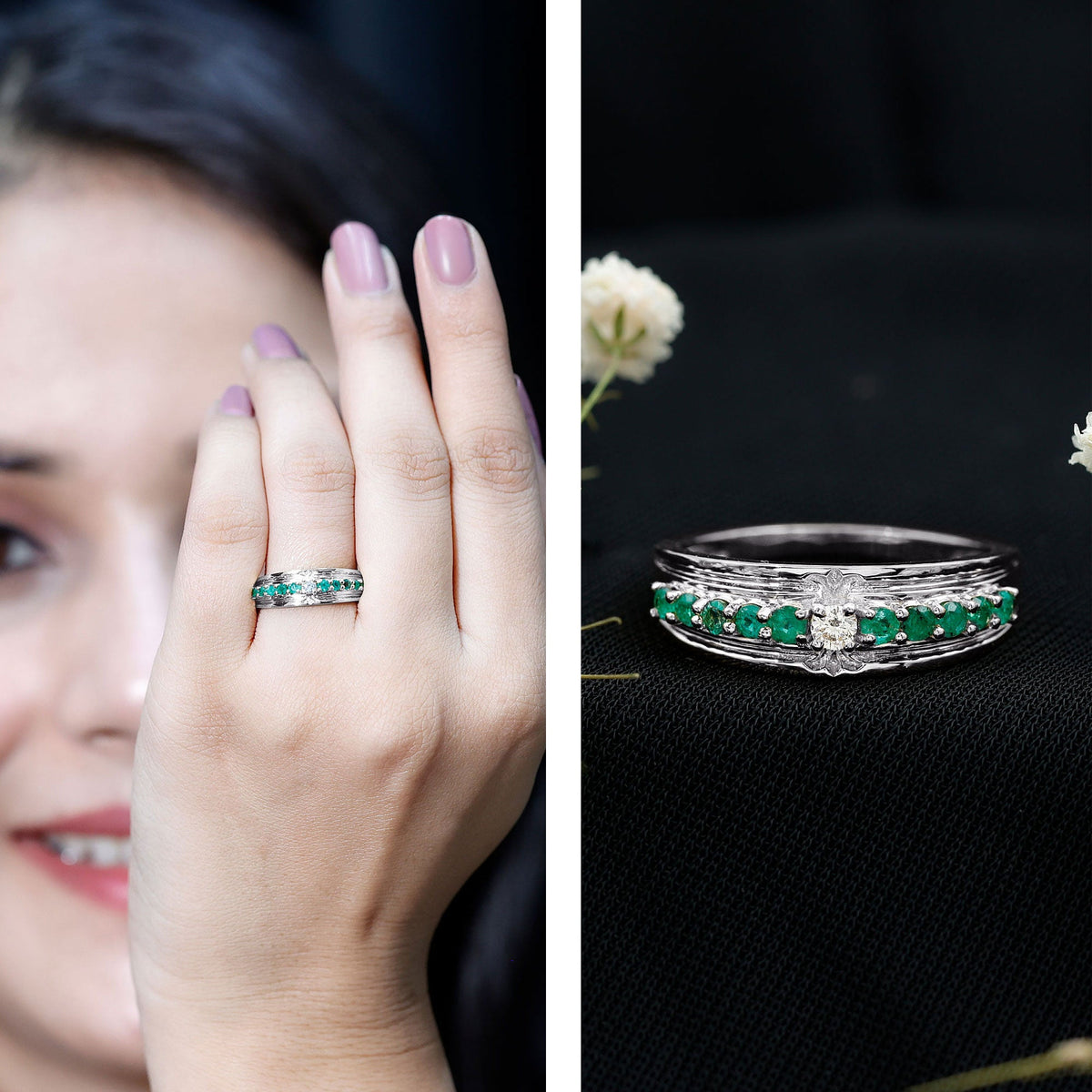 Real Diamond and Emerald Anniversary Ring for Women