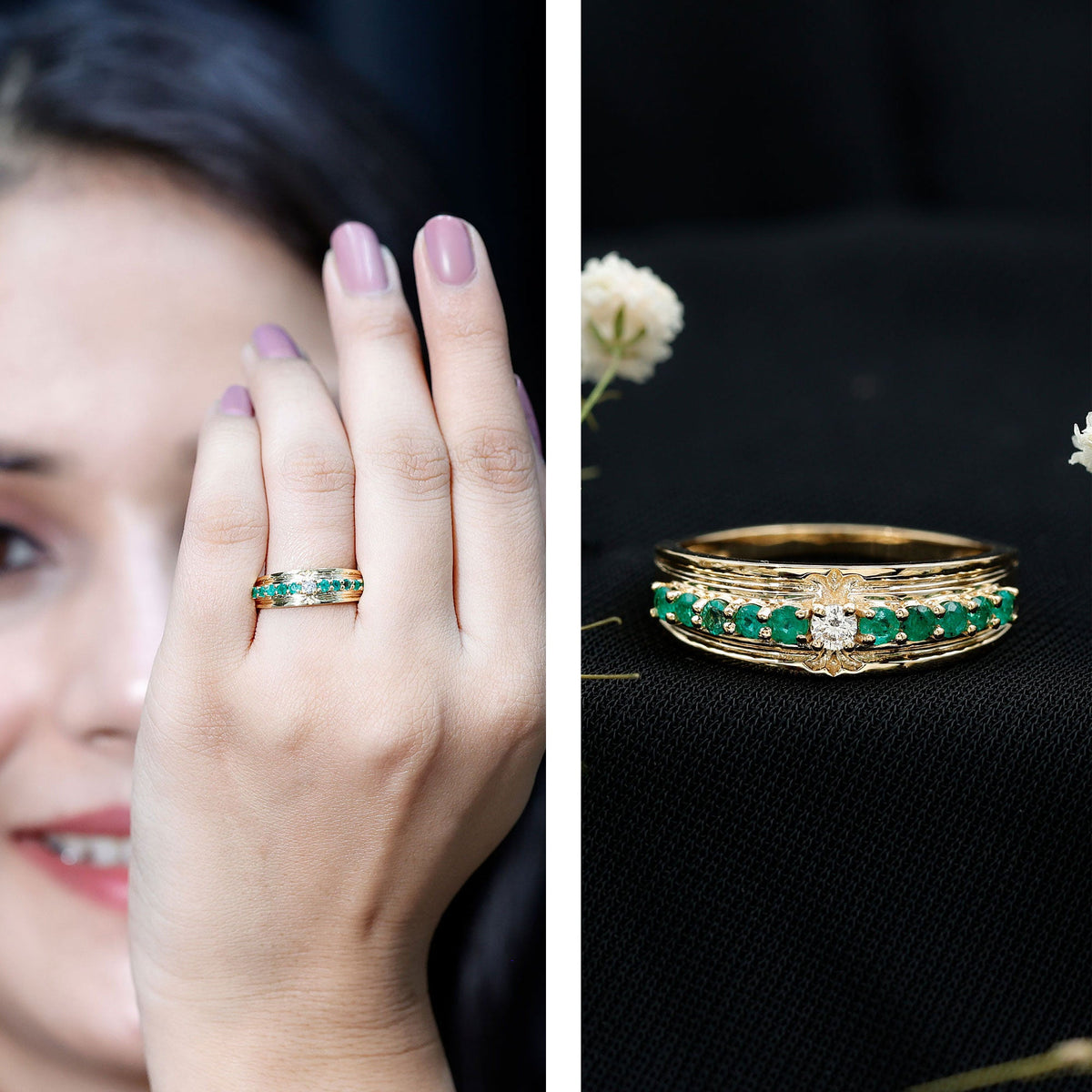 Real Diamond and Emerald Anniversary Ring for Women