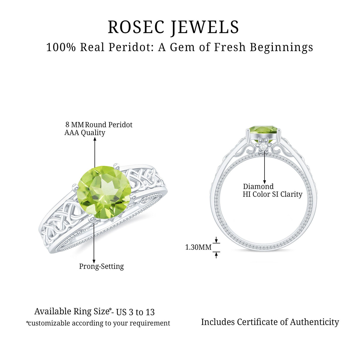 Real 2 Carat Peridot Celtic Knot Engagement Ring with Surprise Diamond