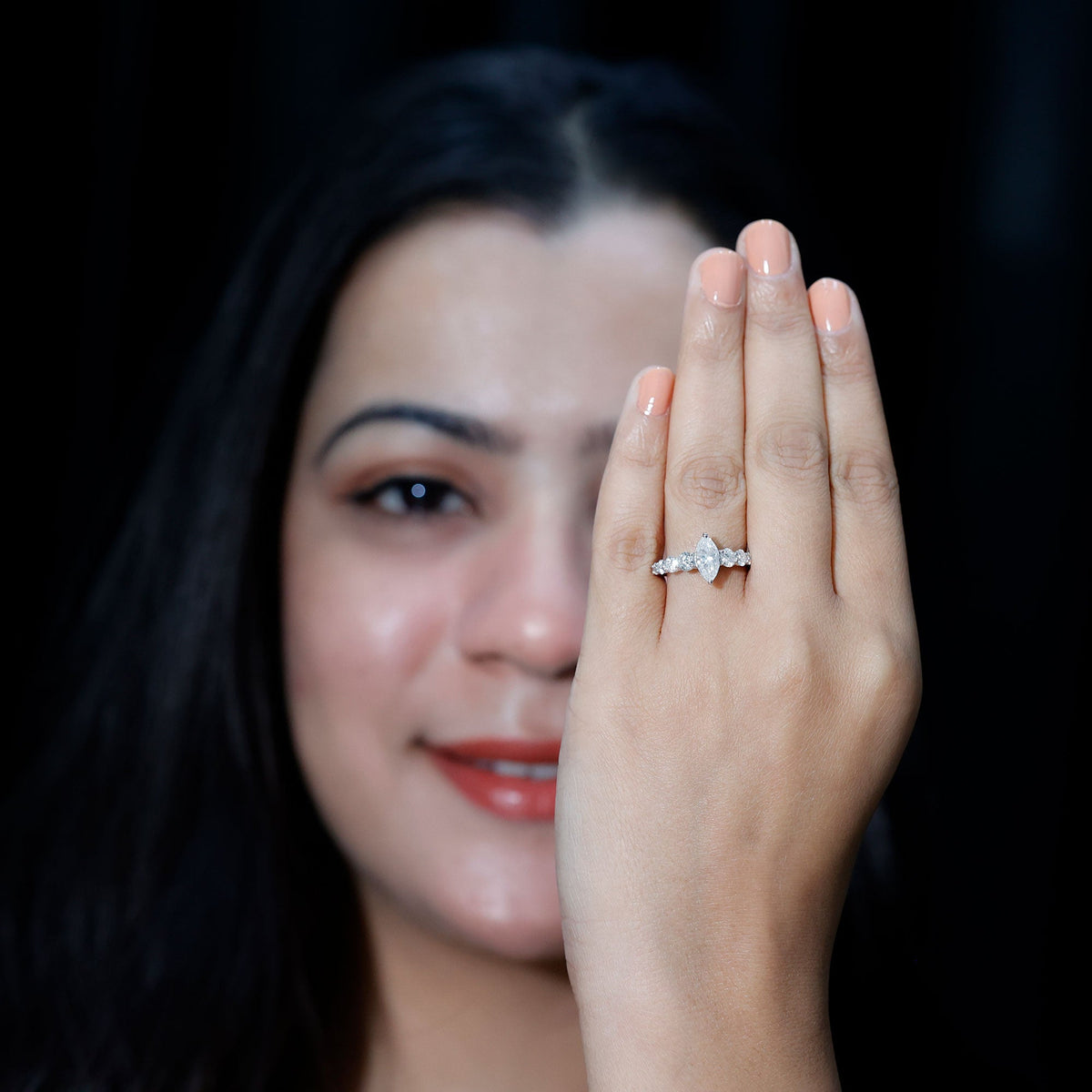 Marquise Cut Moissanite Engagement Ring with Side Stones