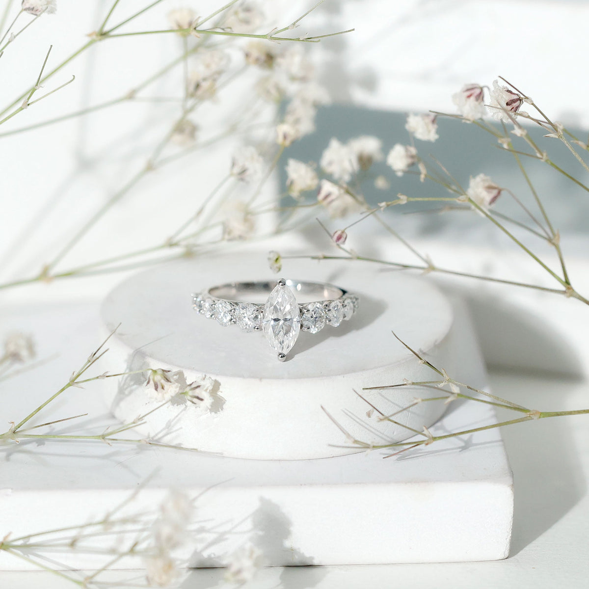 Marquise Cut Moissanite Engagement Ring with Side Stones