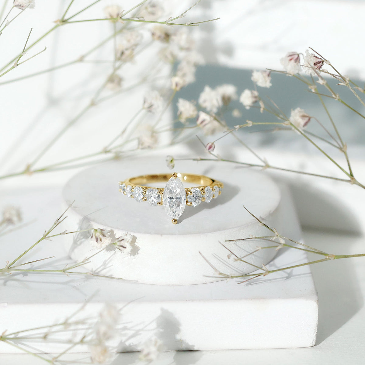 Marquise Cut Moissanite Engagement Ring with Side Stones