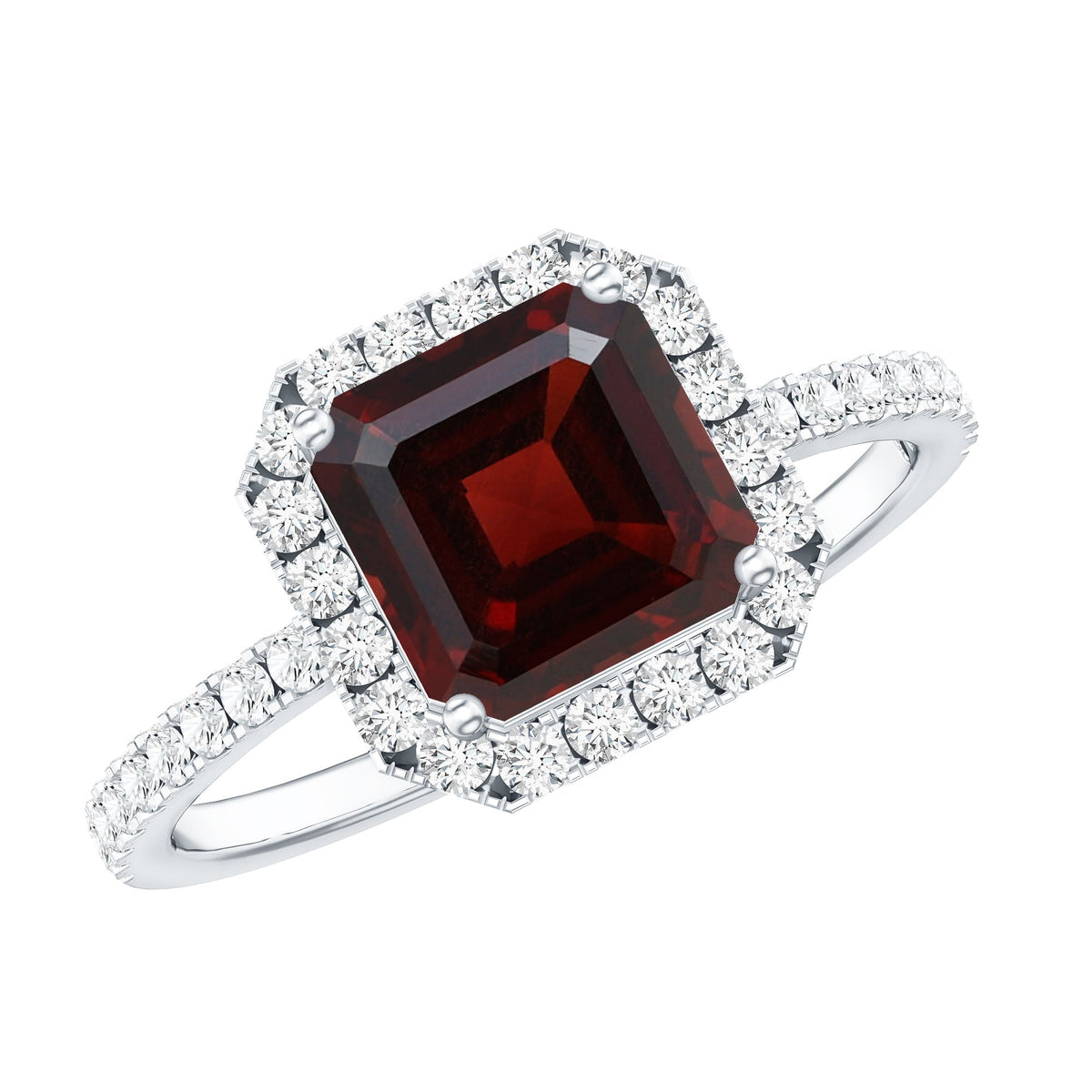 Natural 3.3 Carat Garnet Asscher Cut Engagement Ring with Diamond Halo