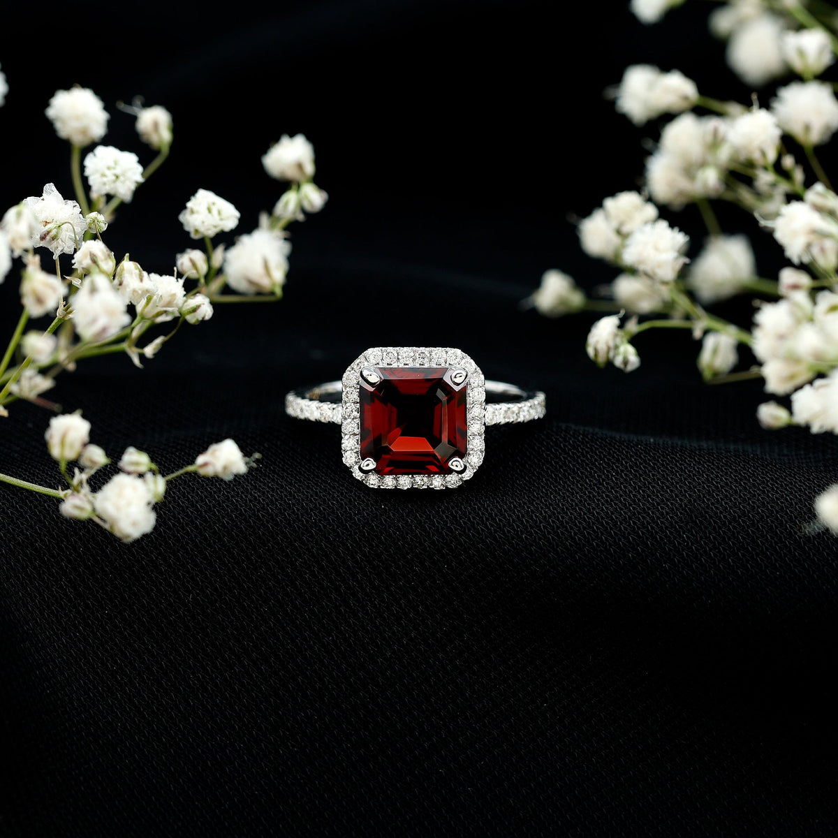 Natural 3.3 Carat Garnet Asscher Cut Engagement Ring with Diamond Halo