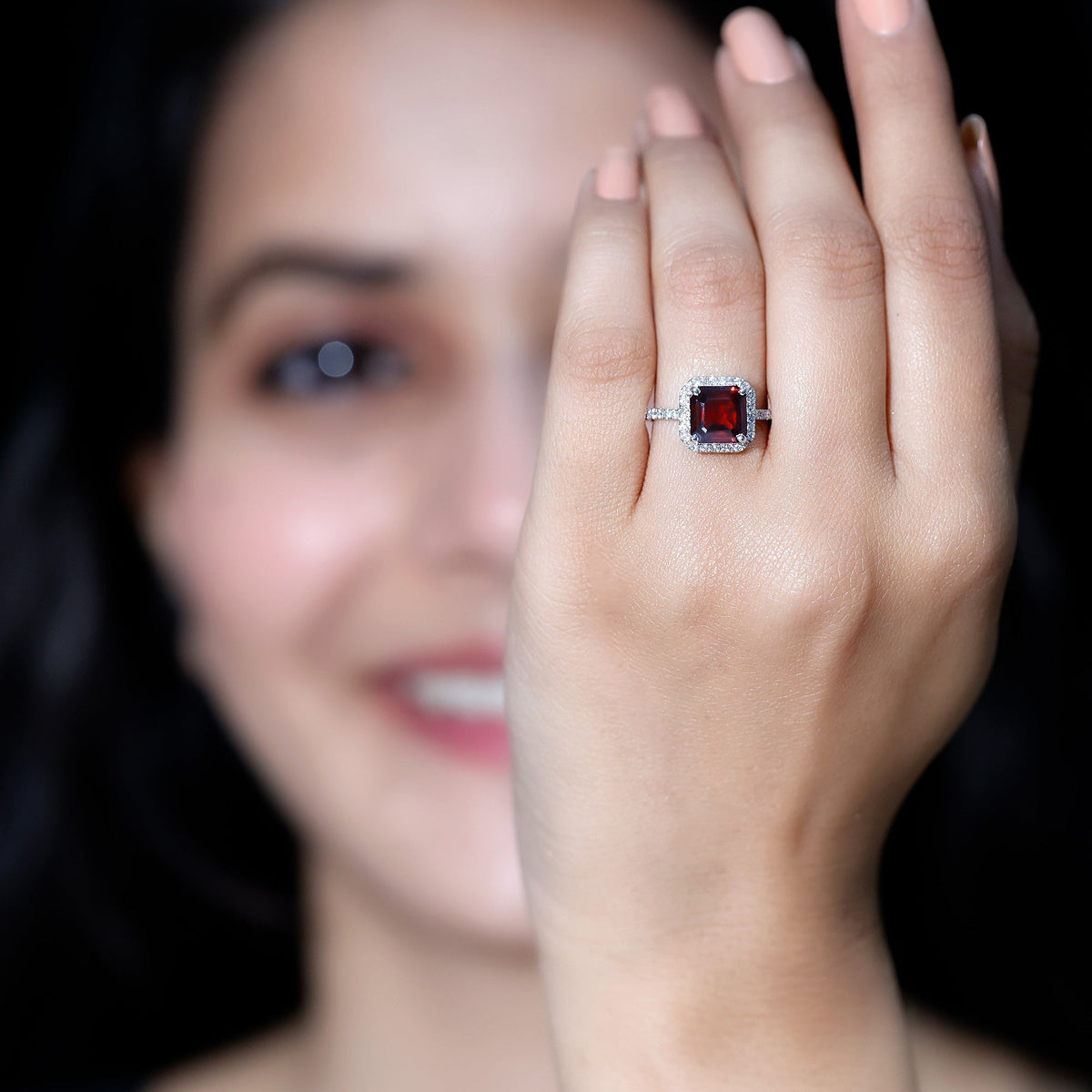 Natural 3.3 Carat Garnet Asscher Cut Engagement Ring with Diamond Halo