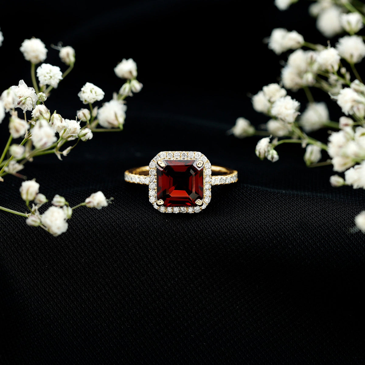 Natural 3.3 Carat Garnet Asscher Cut Engagement Ring with Diamond Halo
