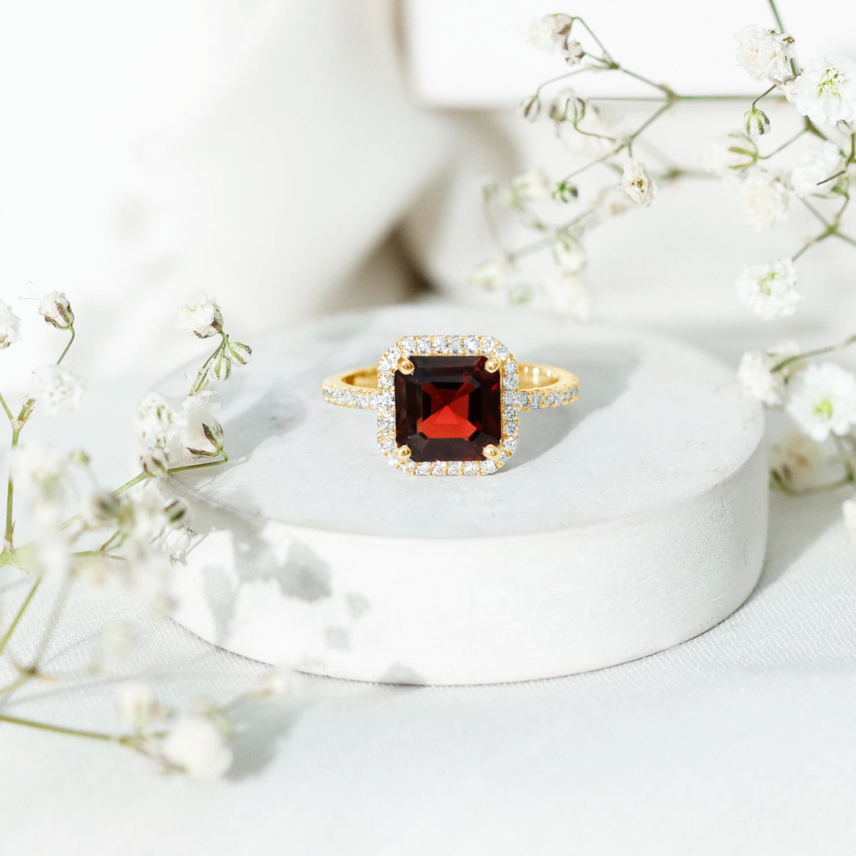 Natural 3.3 Carat Garnet Asscher Cut Engagement Ring with Diamond Halo