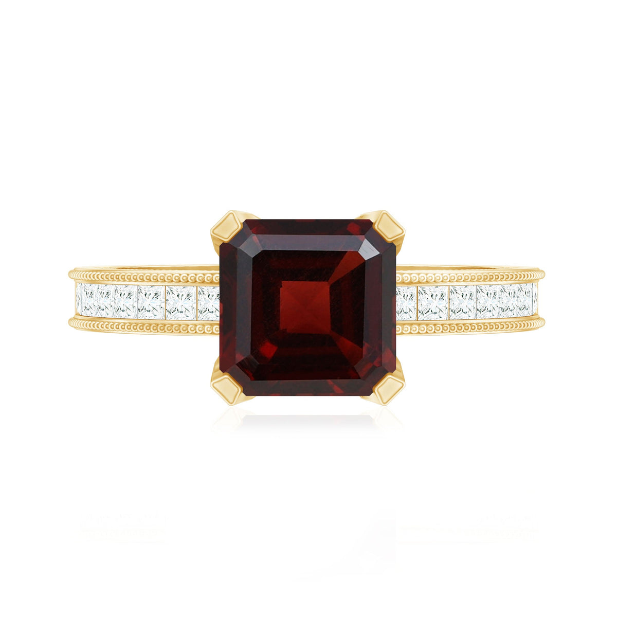Natural 3.3 Carat Asscher Cut Garnet Engagement Ring with Diamond Side Stones
