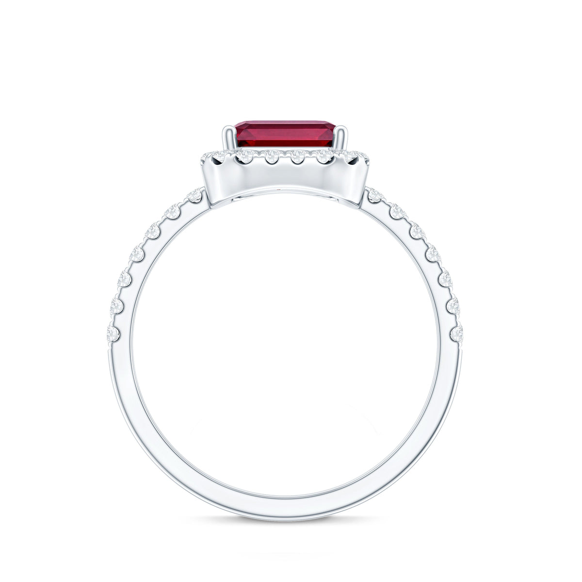 Lab Created Emerald Cut Ruby Engagement Ring with Diamond Halo