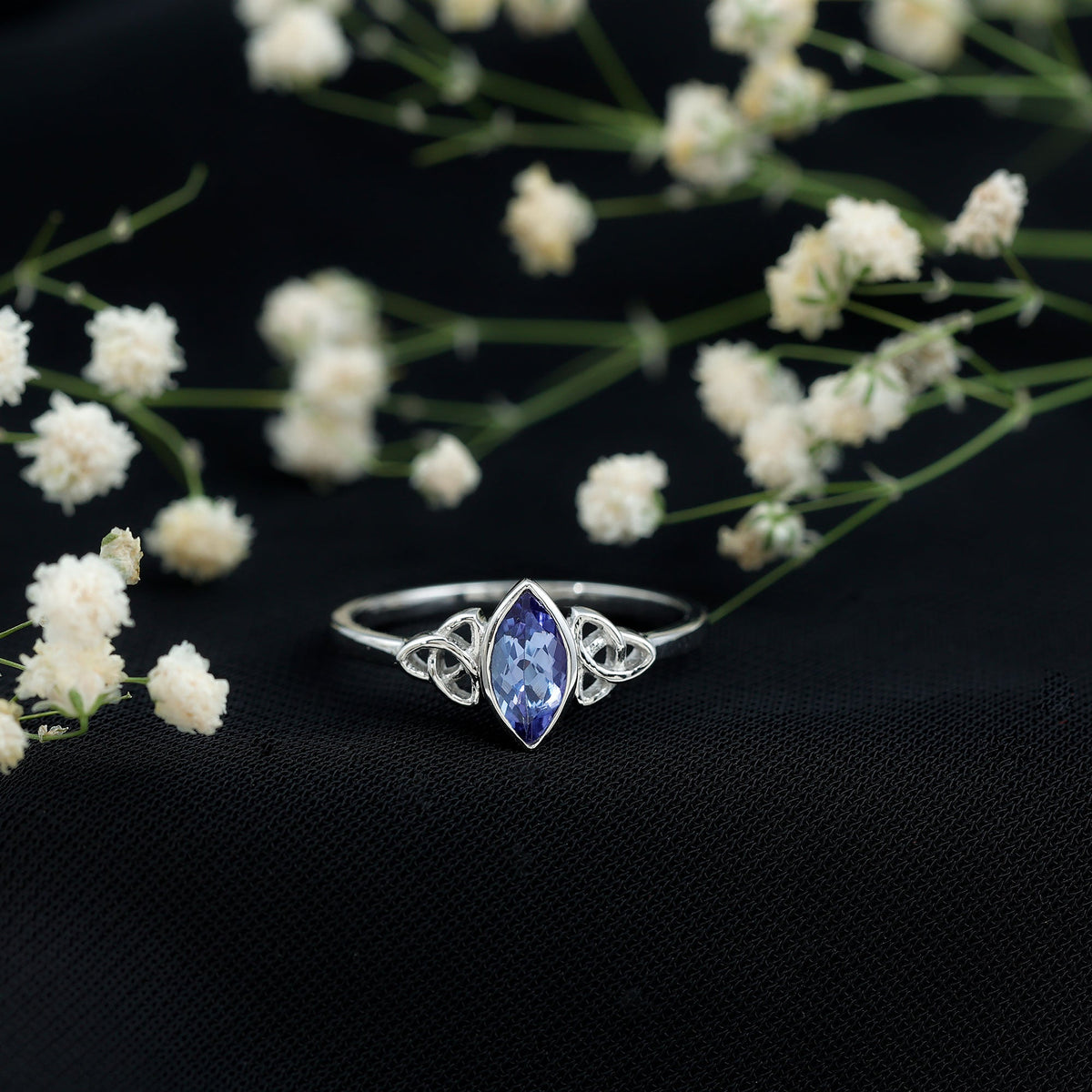 Natural Bezel Set Marquise Tanzanite Promise Ring with Celtic Knot