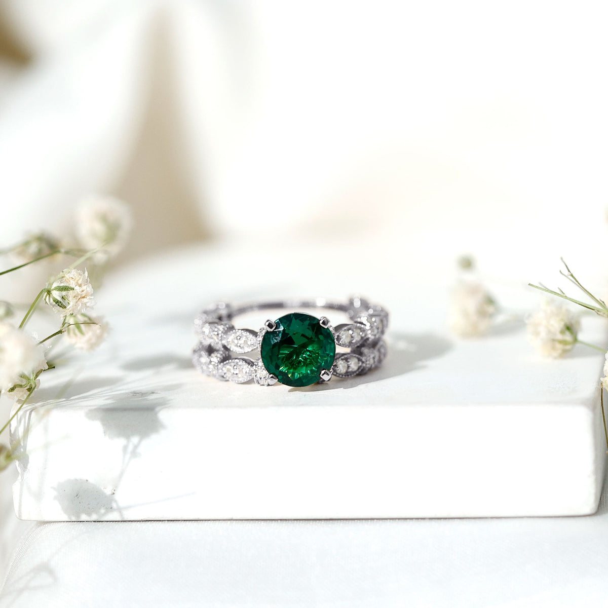 2 Carat Round Lab Created Emerald and Moissanite Vintage Inspired Ring Set