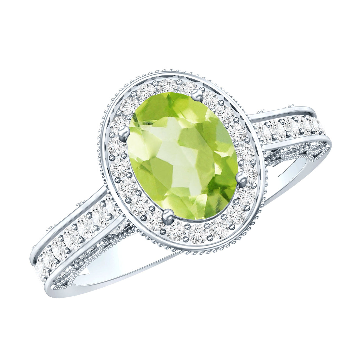 Natural Peridot and Diamond Engagement Ring with Milgrain Details