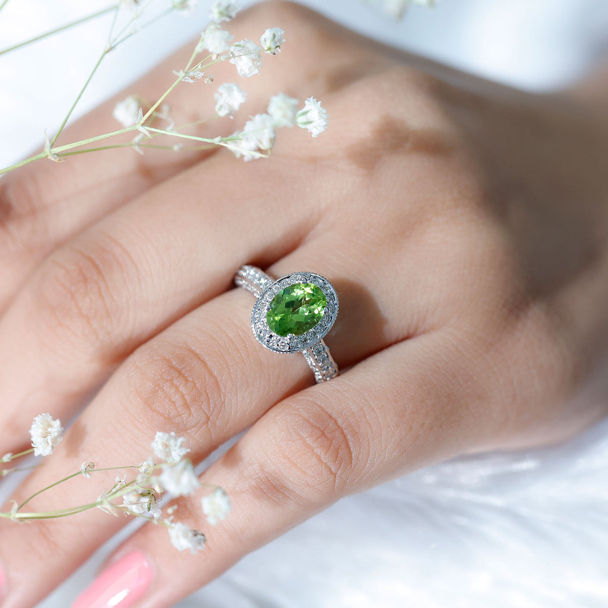 Natural Peridot and Diamond Engagement Ring with Milgrain Details