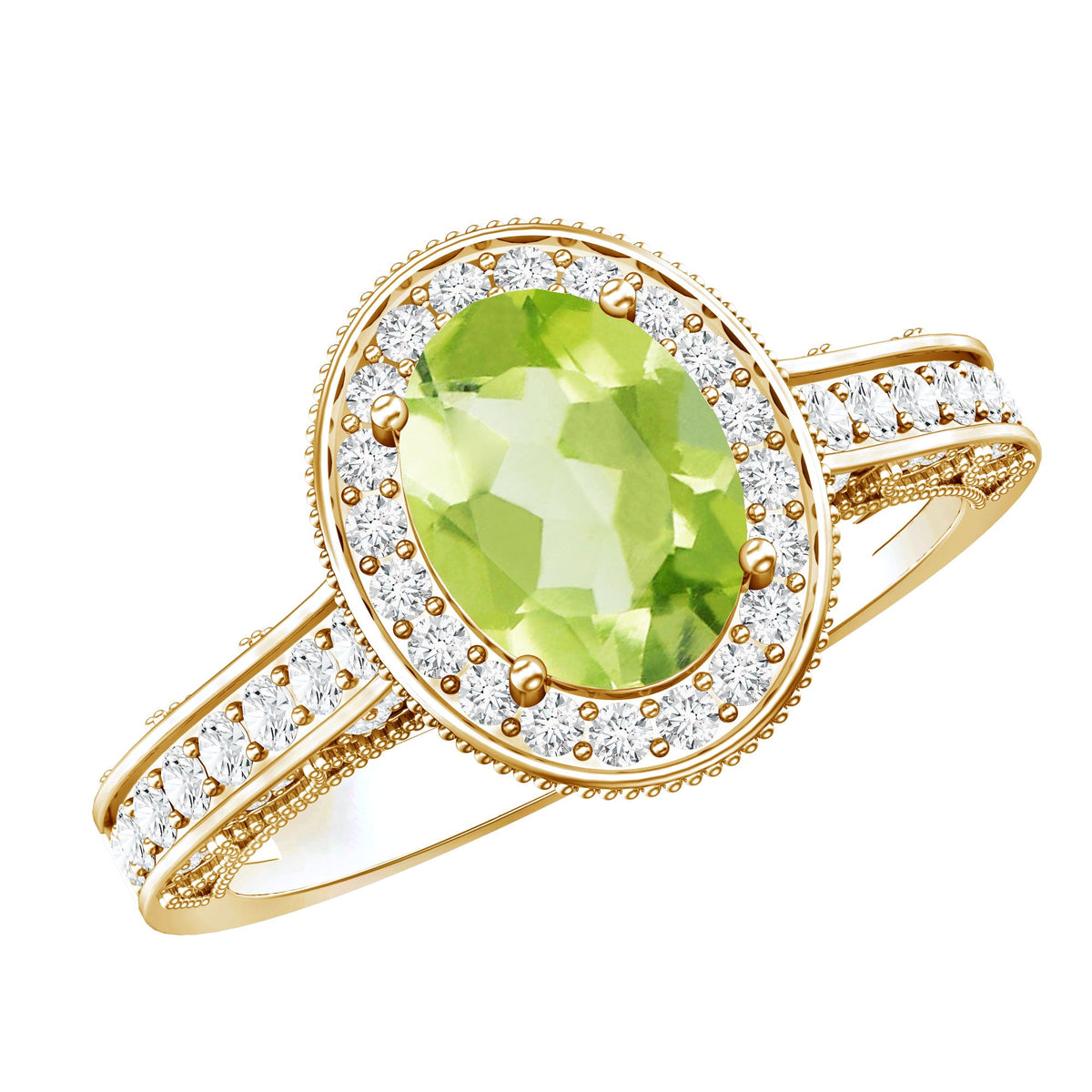 Natural Peridot and Diamond Engagement Ring with Milgrain Details