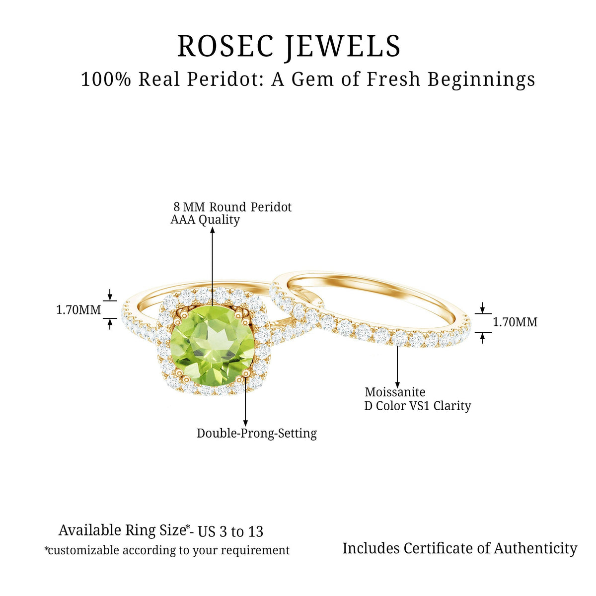 Natural 2 Carat Peridot Engagement Ring with Wedding Band