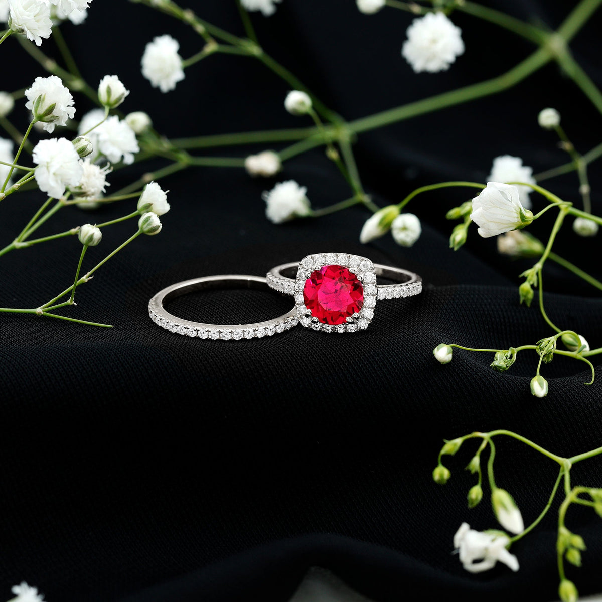 Lab Created Ruby and Moissanite Halo Wedding Ring Set for Bride