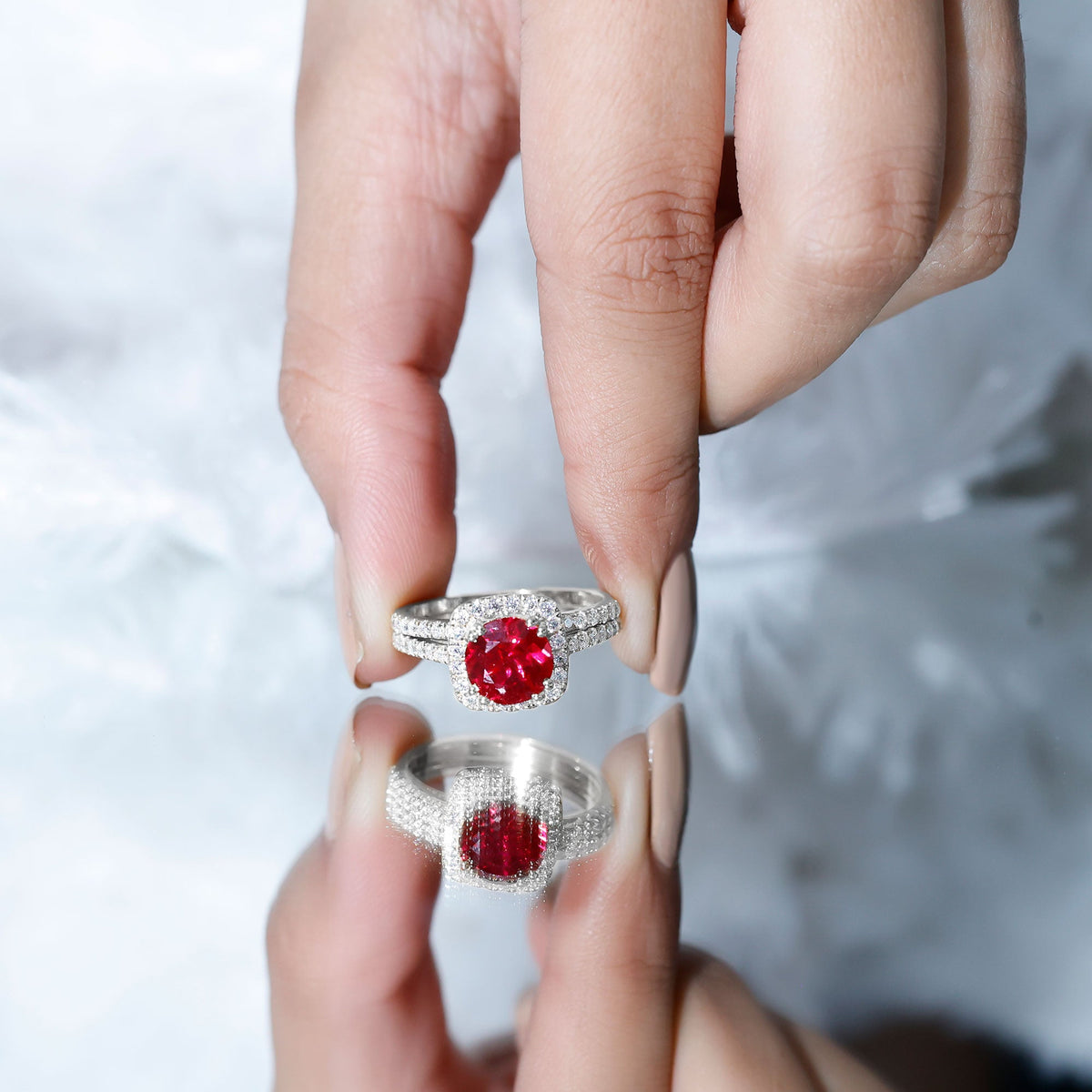 Lab Created Ruby and Moissanite Halo Wedding Ring Set for Bride