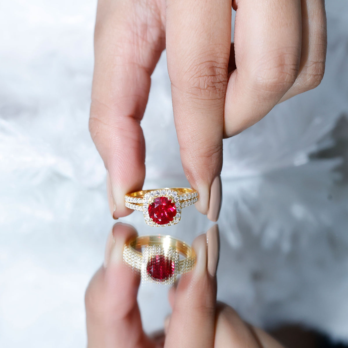 Lab Created Ruby and Moissanite Halo Wedding Ring Set for Bride