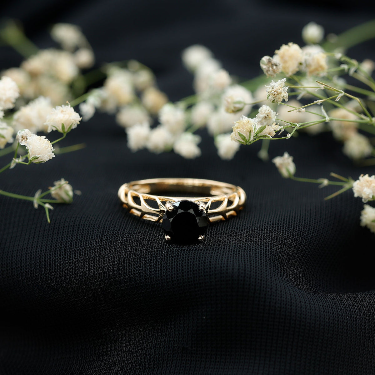 Round Cut Solitaire Black Onyx Engagement Ring with Certificate