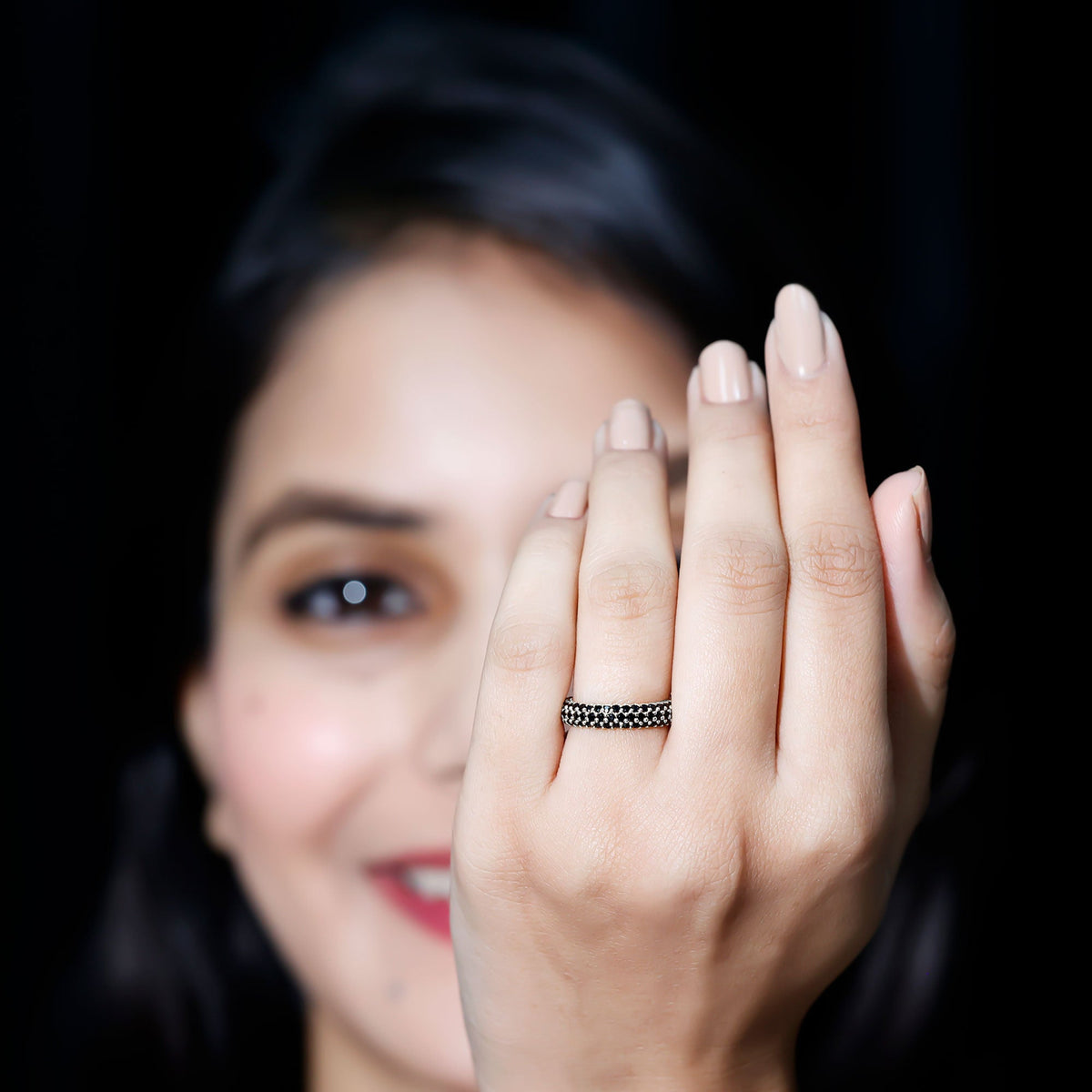 Certified Black Onyx Three Row Eternity Band Ring for Women