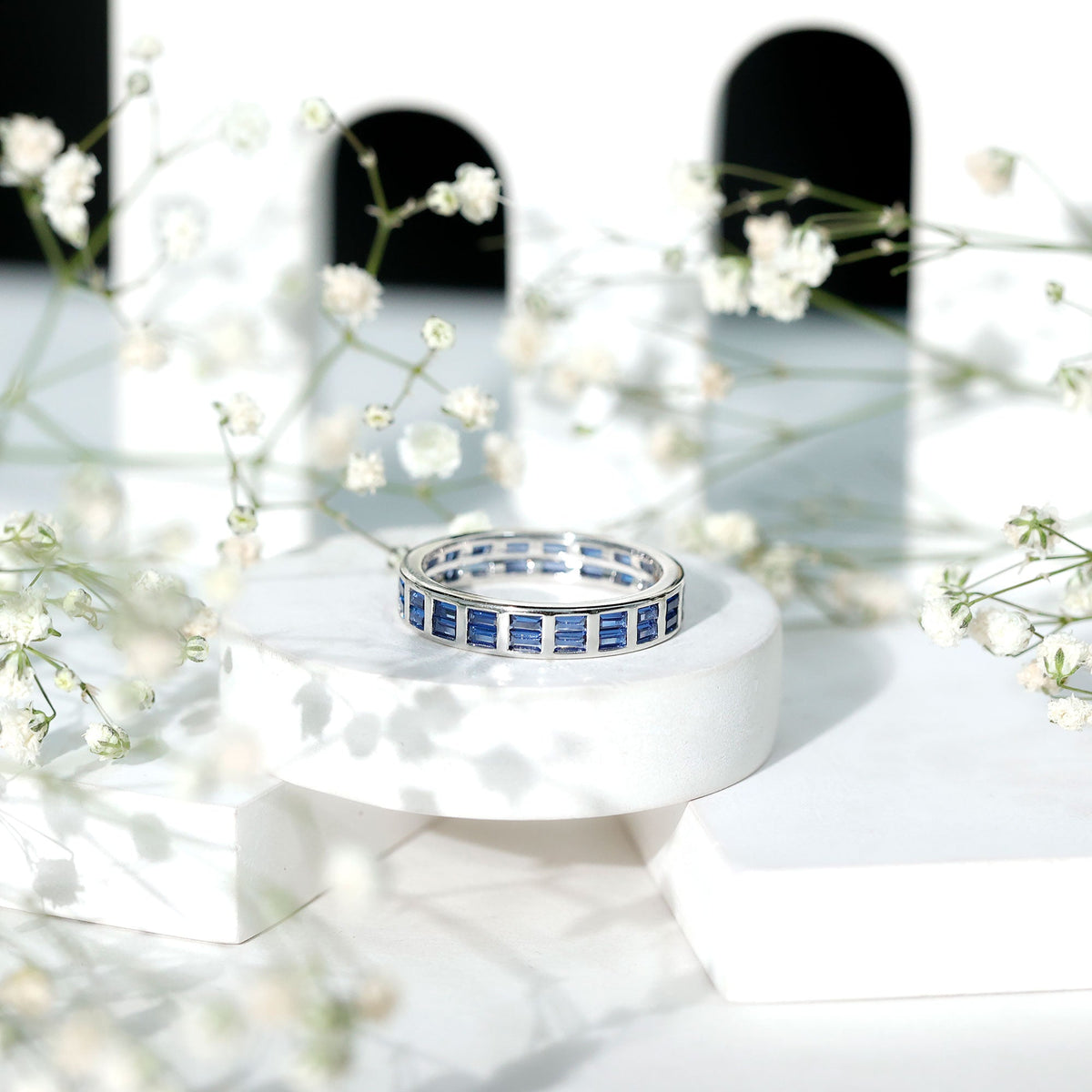 Certified Lab Grown Blue Sapphire Baguette Eternity Band in Channel Set