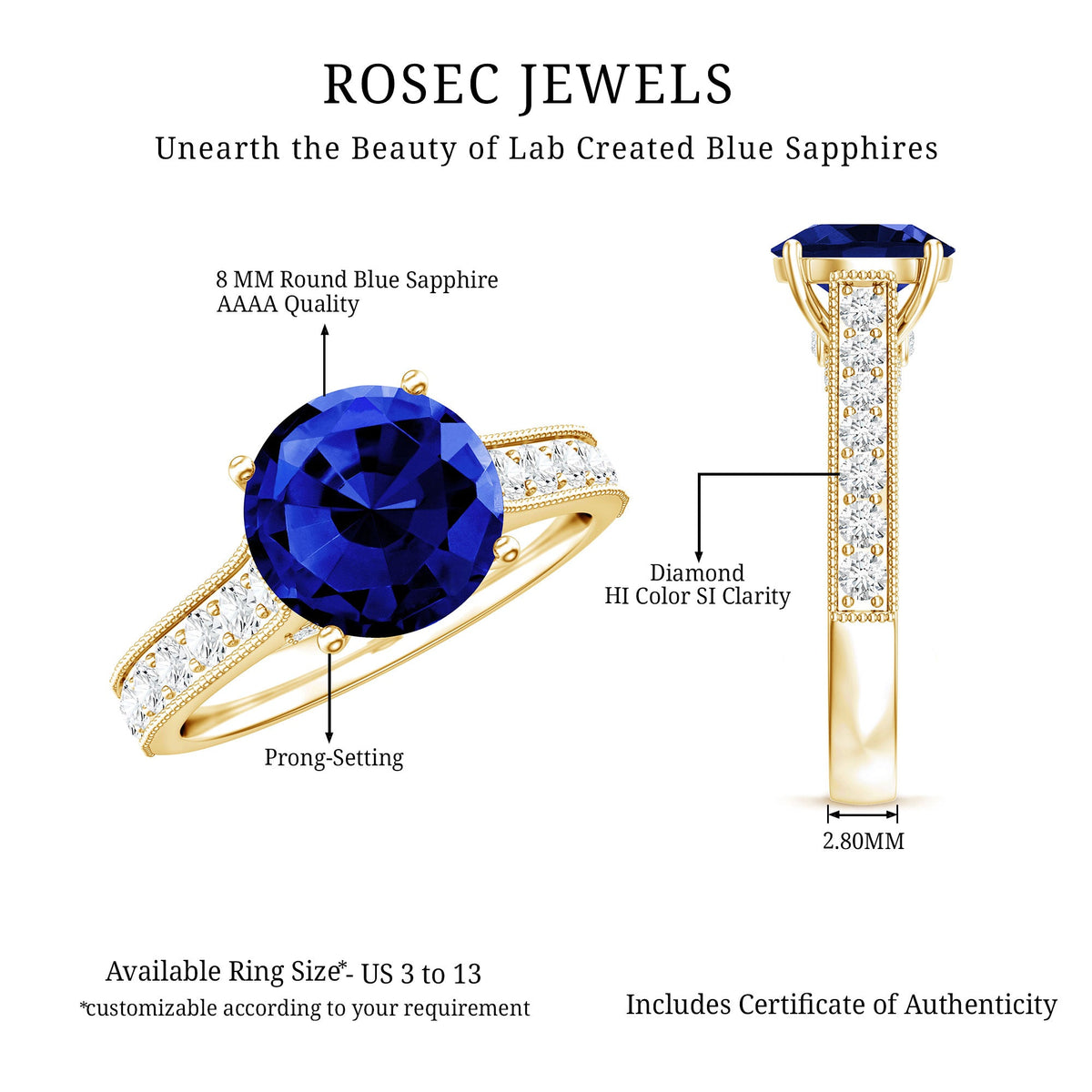 Certified 2.7 Carat Lab Grown Blue Sapphire Solitaire Engagement Ring with Diamond