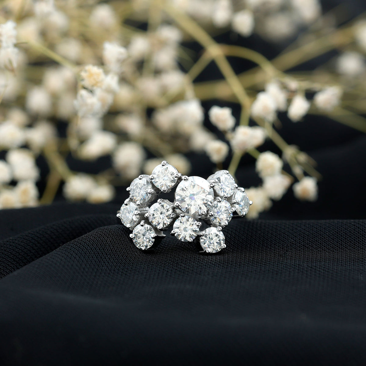 Certified Moissanite Cluster Statement Ring in Silver