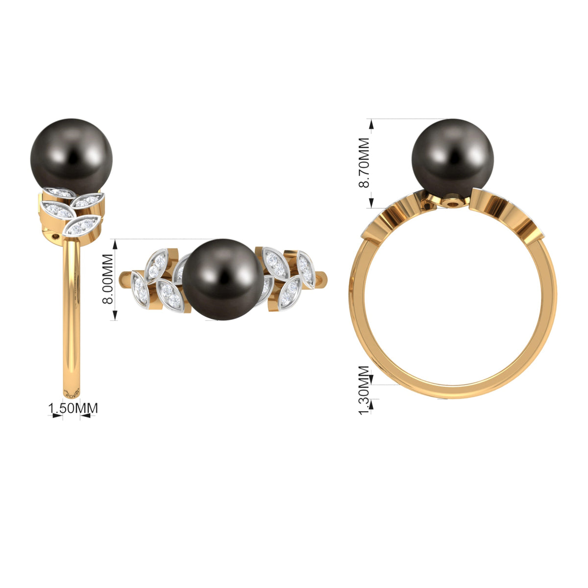 Tahitian Black Pearl and Diamond Leaf Minimal Engagement Ring