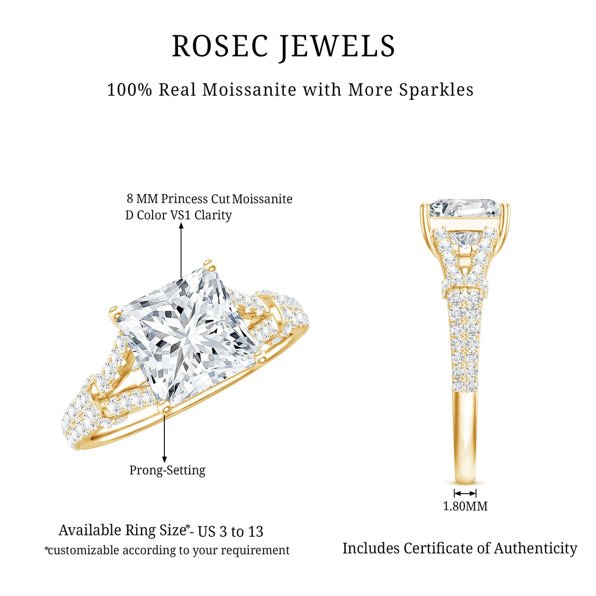 3 Carat Princess Cut Moissanite Solitaire Engagement Ring in Split Shank
