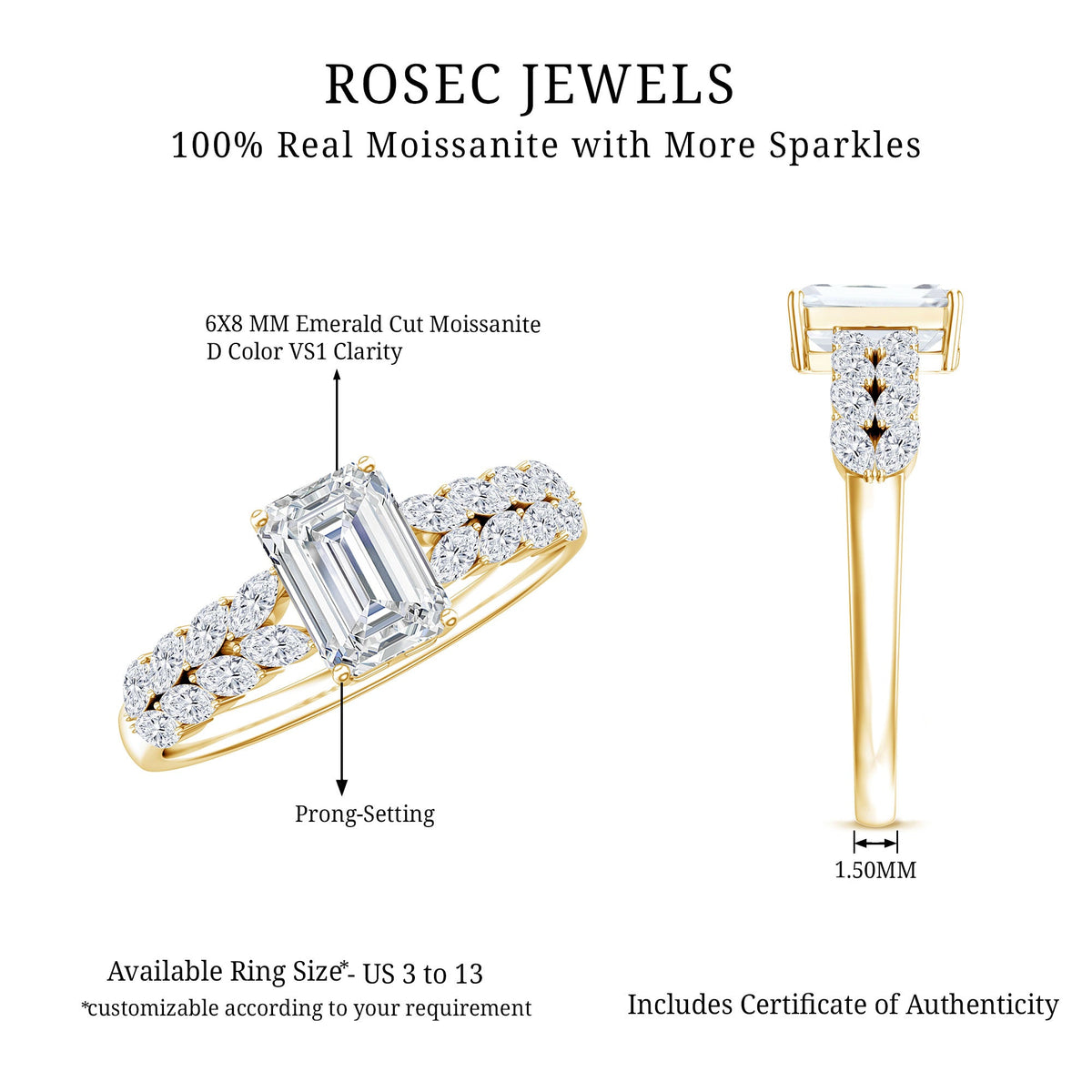 Certified Moissanite Emerald Cut Engagement Ring with Side Stones