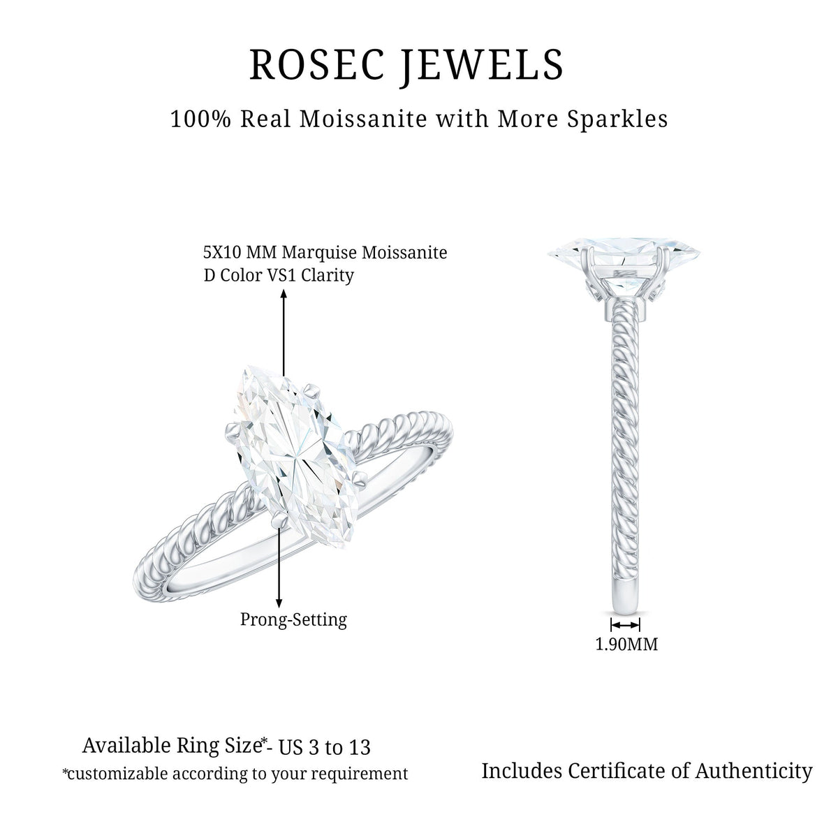 1 Carat Marquise Cut Moissanite Solitaire Engagement Ring with Twisted Rope Shank