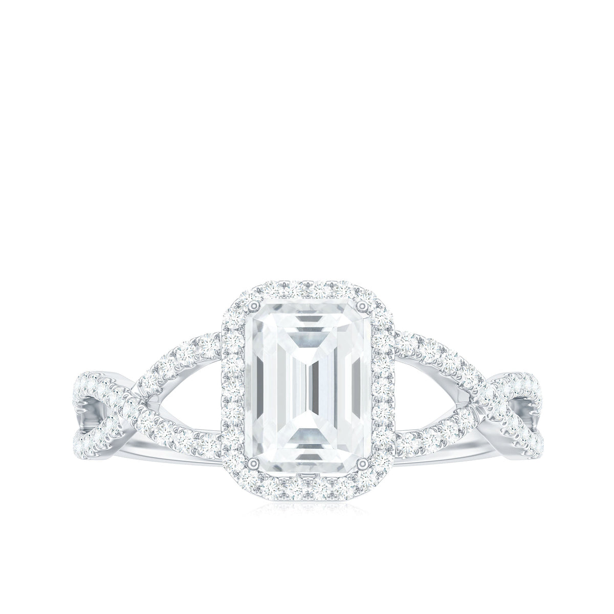 Certified Emerald Cut Moissanite Statement Ring with Crossover Shank